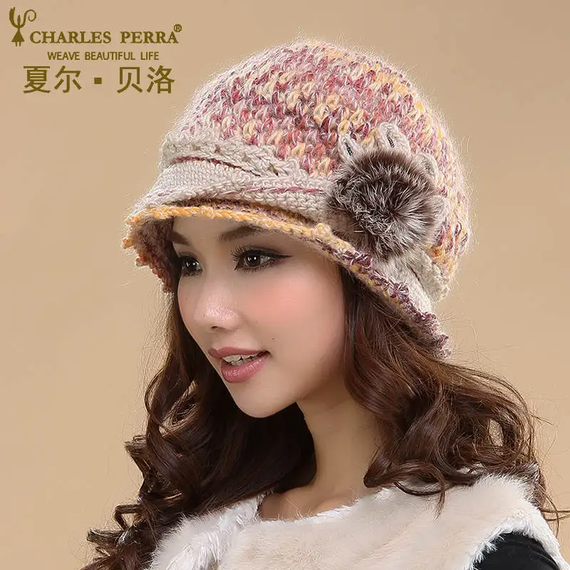 Apricot pink Charles Perra, женские шапки, зимние, утолщенные, двухслойные, термальная, вязаная шапка, ручная работа, элегантная, женская, повседневная, шерстяная шапка, шапочки 3538 - Цвет: Apricot pink
