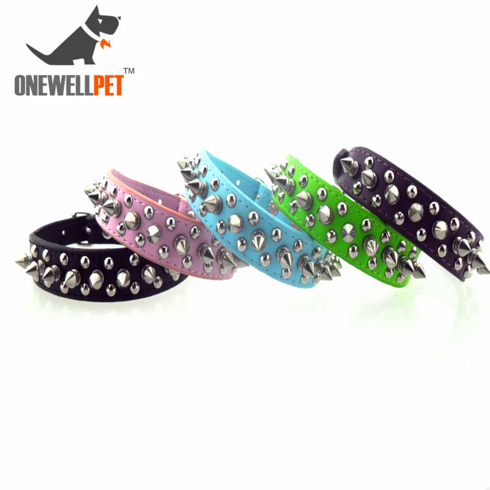 

Onewellpet Brand Quality PU Collar With Spike And Round Studs Of Metal And Five Colors For Chihuahua And Other Small Pet Dogs