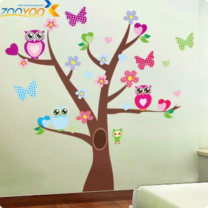 Мудрые совы бабочки на красочном дереве настенные наклейки для детских комнат 1006