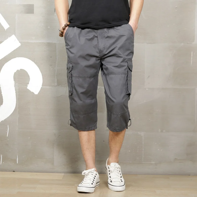 Summer Casual Men Shorts Regular Solid Pockets Khaki Black Cotton Cargo Army Men's 1505# | Мужская одежда