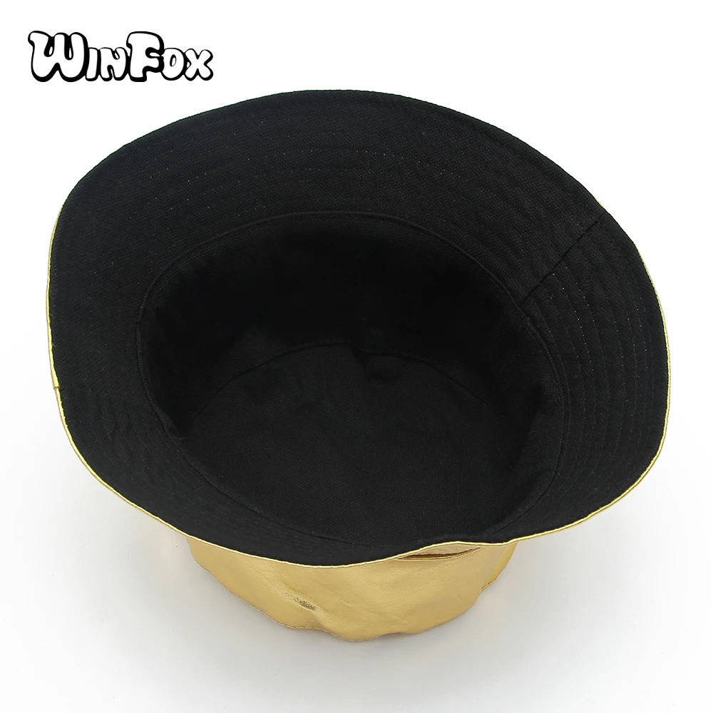 

Winfox New Fashion Shiny Hip Hop Gold Sliver Metalic Bucket Boonie Hats Gorro Pescador Womens