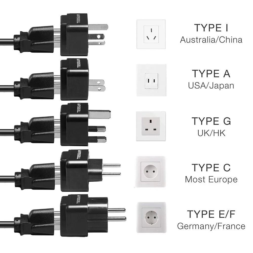 TESSAN США в ЕС/Великобритания/HK/Италия/GM/AU/FR дорожный блок питания с 4 USB 3 AC Розетка+ 5 Европа и Азия путешествия штепсельный адаптер домашний комплект