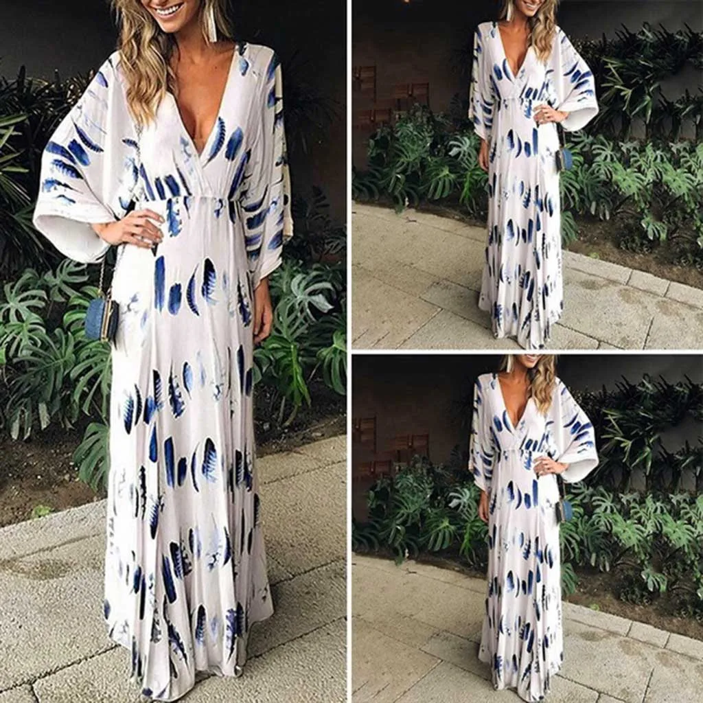 Бесплатная страусиное женское платье три четверти v образный вырез длина до пола