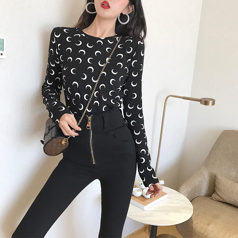 Женская футболка с длинным рукавом Pantalon Harajuku черно белая круглым вырезом и