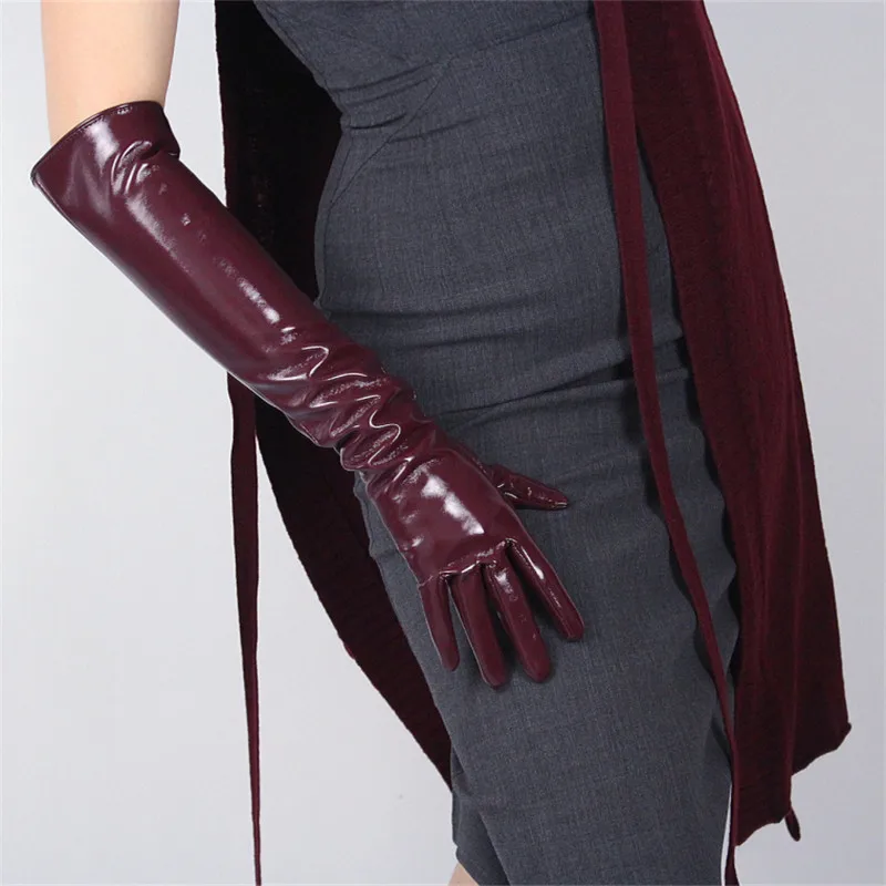 

Patent Leather Long Gloves 50cm Long Emulation Leather PU Mirror Bright Leather Wine Red Dark Red Female WPU13