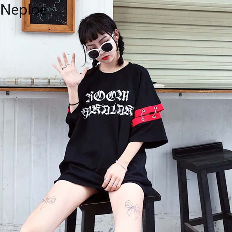 Neploe летняя черная женская футболка японский Harajuku Готический Стиль Повседневная футболка Топы с принтом букв кольцо дизайн женские футболки 39063