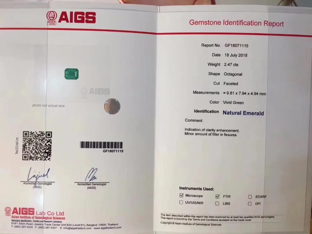 Ювелирные изделия AIGS из настоящего белого золота 18 К с натуральным зеленым