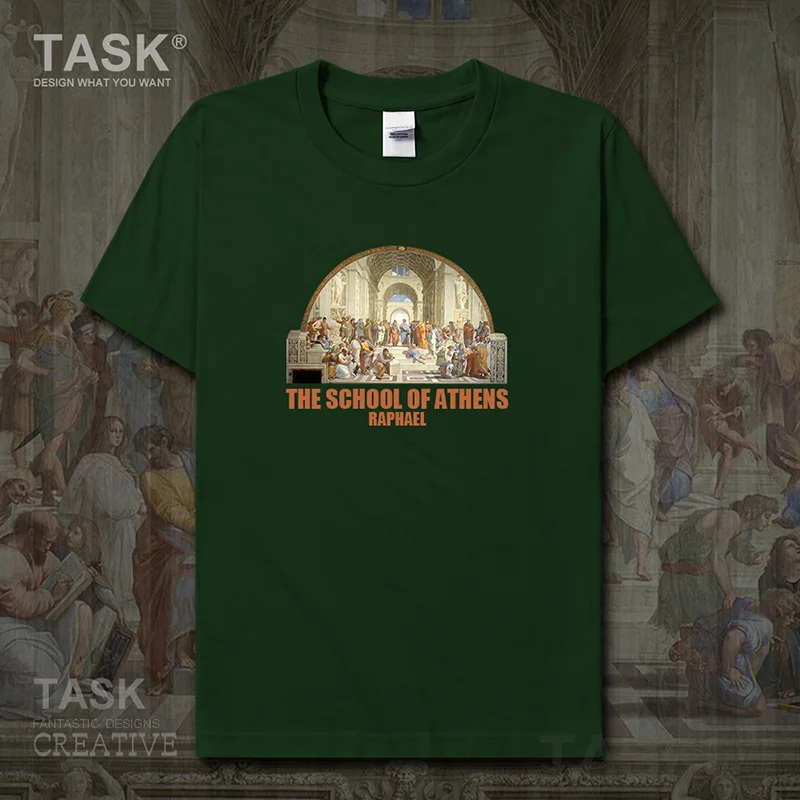 

Personality fashion oil painting mens t-shirt The School Of Athens retro print Short sleeve clothes cotton summer Streetwear new