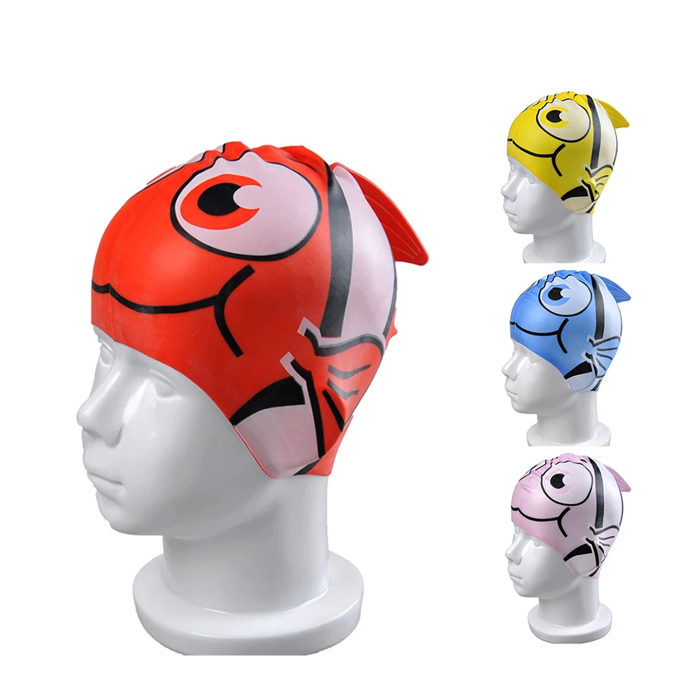 

2018 Children Cartoon Swimming Cap for Kids Fish Waterproof Swimming Fitness Diving Silicone Swim Cap hat bone natacion