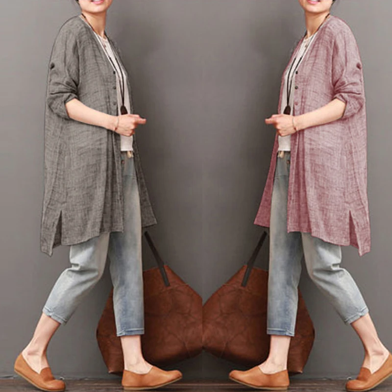 New Hot Women Fashion Loose Solid Color V Neck Long Sleeve Blouse Cardigan Ladies Casual Button Shirts Side Slit Tops |