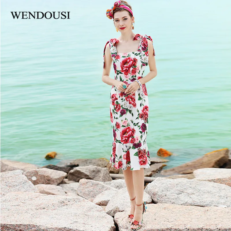 WENDOUSI2018 Новая мода с принтом розы жгут платье Для женщин тонкий сплайсинга рыбий