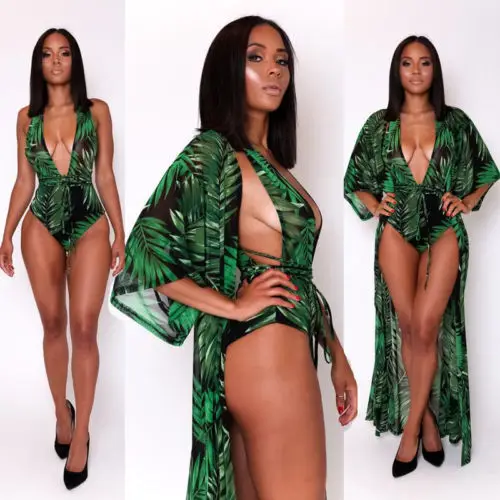 New Arriving Sexy Women Green Leaves Pattern Swimsuit Ladies One Piece Suit + Cover-ups 2pcs Female Beachwear Swimwear Bathing | Спорт и
