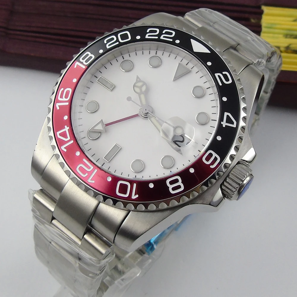 43mm bliger White dial GMT Red black bezel sapphire crystal automatic mens watch P7