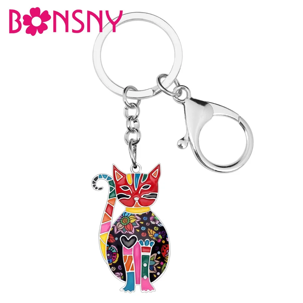 Bonsny эмалированный сплав Цветочный элегантный котенок Кот брелок на цепочке