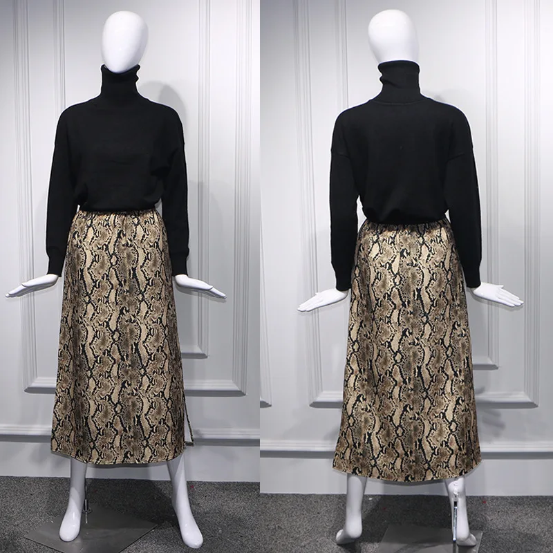 Women Snake Print Skirt Elastic Waist Korean Midi Skirts Women's 2018 Office Lady A Line Split Straight Long Faldas Mujer | Женская