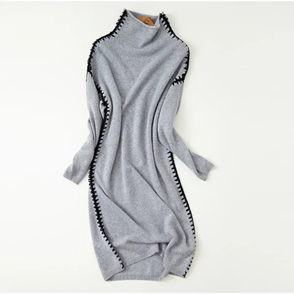 100% goat cashmere knit women new fashion elegant pullover sweater dress hand seamed sides high collar S/M/L | Женская одежда