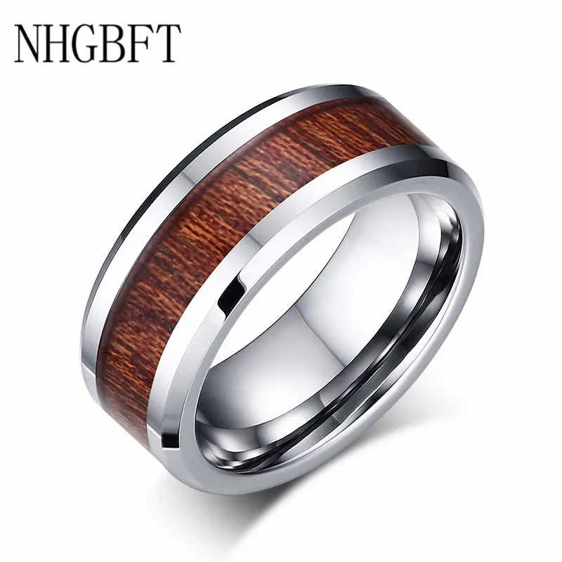 

NHGBFT 8mm wide Mens Tungsten carbide Ring Wood Inlay Dome Ring Male jewelry Dropshipping
