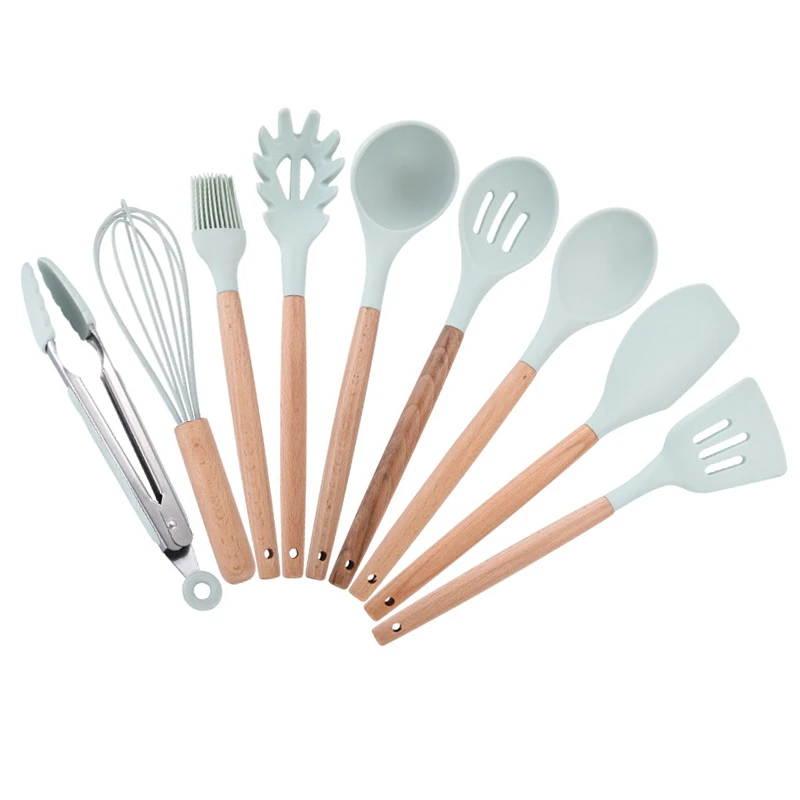 9 pcs set Silicone Non-stick Cooking Tools Kitchen Utensil Kitchenware With Natural Wooden Handle Nonstick Cookware Accessories Supplies - Цвет: 9 pcs set