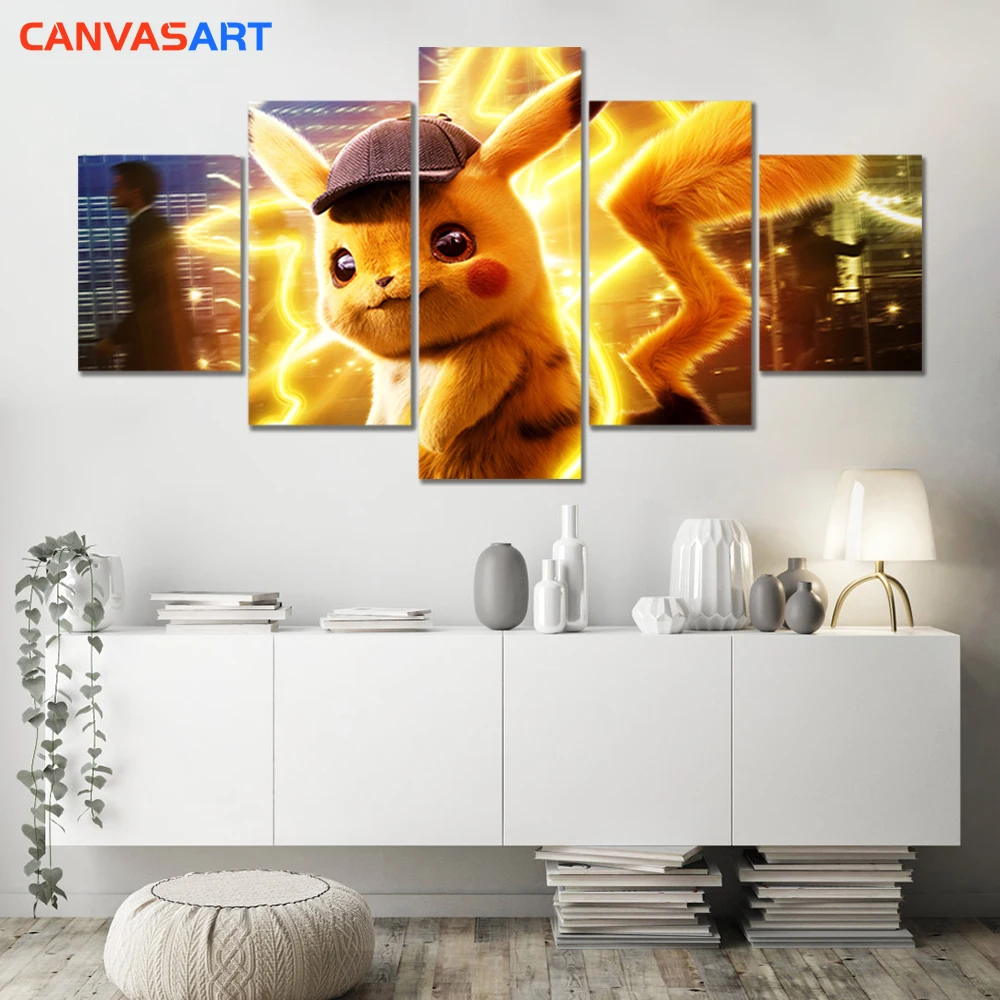 Canvas Art 5 Piece HD Pictures Live Action Movie Pokemon Detective Pikachu Painting for Living Room Wall Decoration | Дом и сад