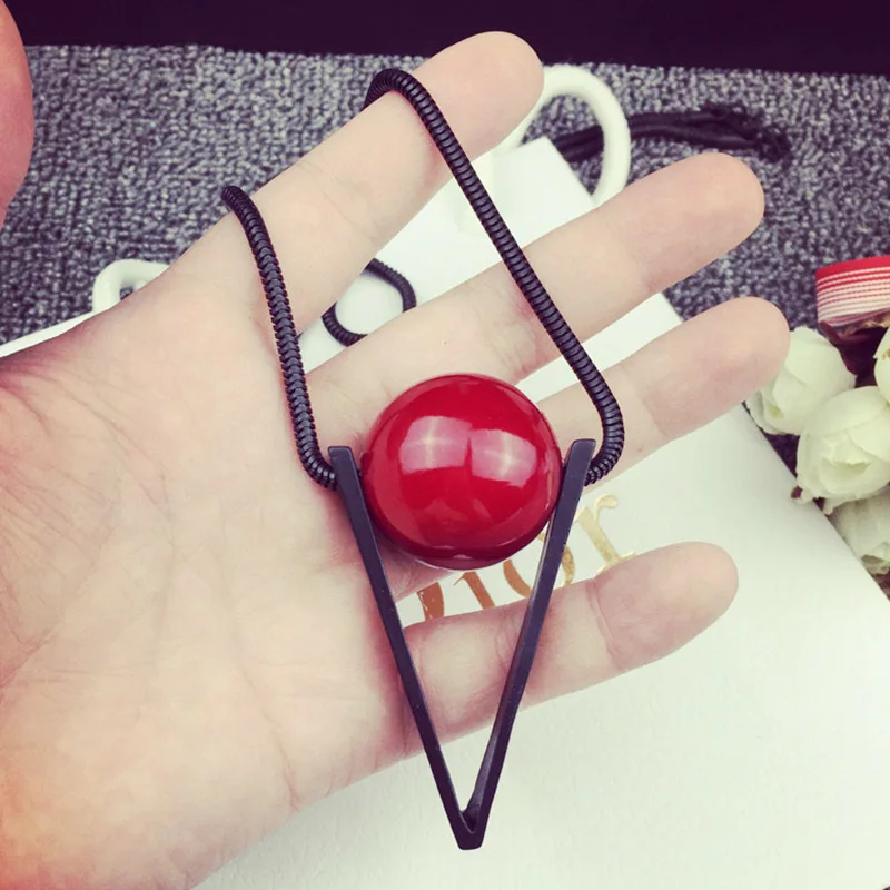 Women Long Necklace Collier Femme Fashion Triangle Red Ball Necklaces &amp Pendants For Female Black Chain Sweater Jewelry | Украшения и