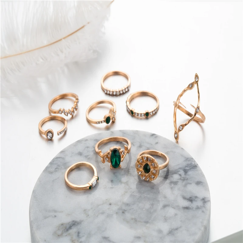 HuaTang Bohemia Green Rhinestone Flower Crystal Wave Ring Set for Women Geometric Knuckle Midi Engagement Rings Jewelry 7120 | Украшения и