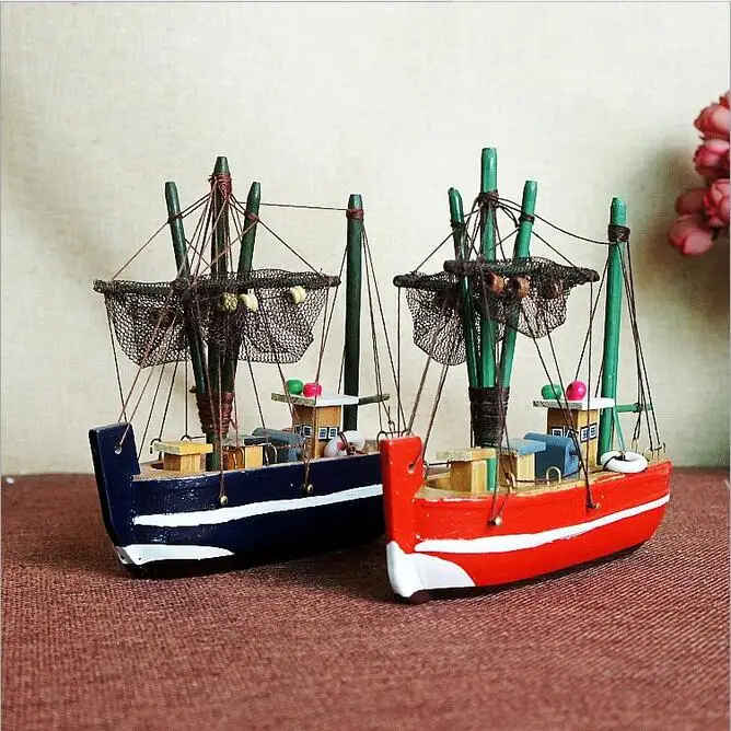 New Model Wooden Fishing Boat Model Office Decorations Wood Craft Fishing Net Sailing Model Sailboat Ship Model 15* 5* 12.5cm