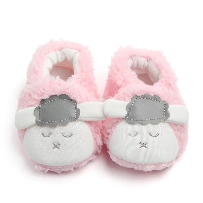 pink Keep Warm Winter coral velvet shoes cute cartoon sheep prewalker with soft bottom - Цвет: pink