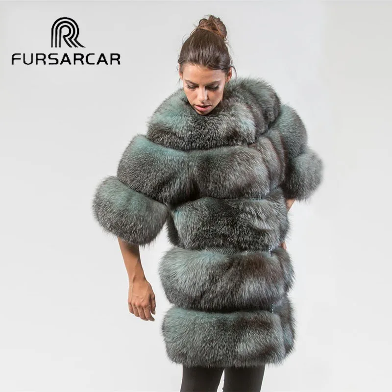 Женское пальто из натурального Лисьего меха FURSARCAR зимняя куртка с круглым