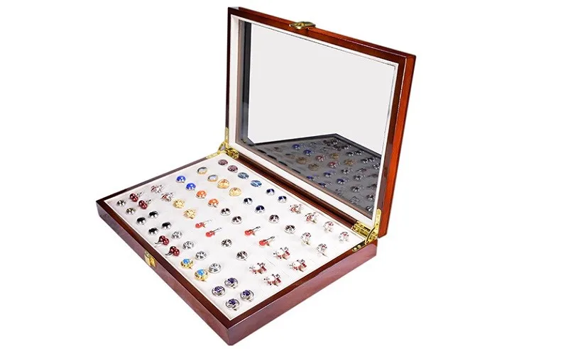 350x240x55 мм, 50 пар в сборе, роскошная стеклянная крышка, запонка для хранения, Подарочная коробка, окрашенная деревянная коробка, подлинный ювелирный дисплей, коробка