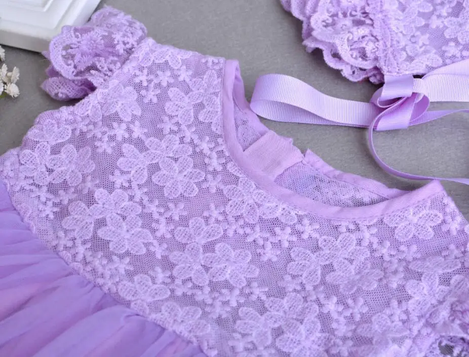 Purple Thin Lace Flowers Tulle Baby Girl Birthday Dress Princess Wedding Party Newborn Flower Headband Mini Coat Hat
