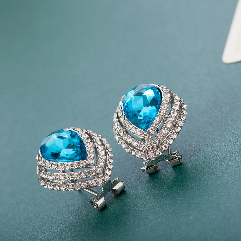 ALULU Fashion Blue Crystal Female Ear Clip Rhinestone Earrings Silver Plated Jewelry For Women Brincos | Украшения и аксессуары