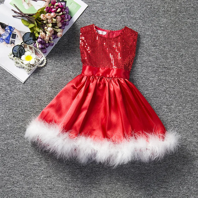 

Christmas Girl Dress For Evening Prom Party Costume 2-8 T Girls Kids Clothes Wedding Birthday Gown Little Girl Red Fluff Clothes