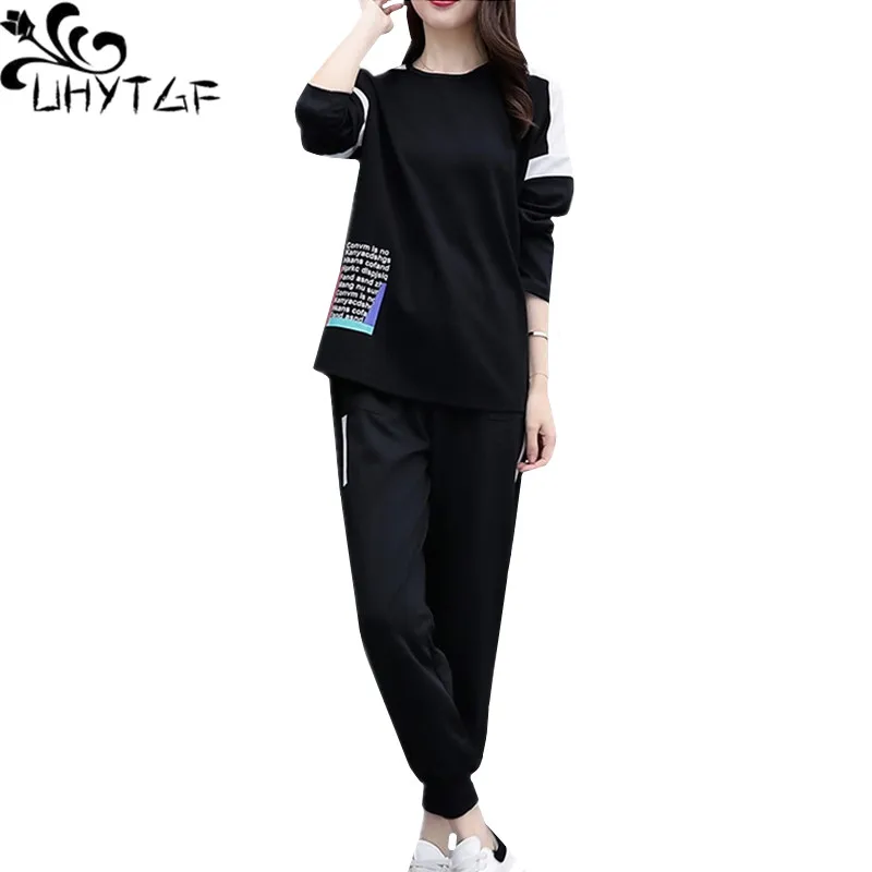 

UHYTGF L-5XL Oversized women two piece outfits Korean black pullover top And sports pants set Lady autumn clothes for women 1371