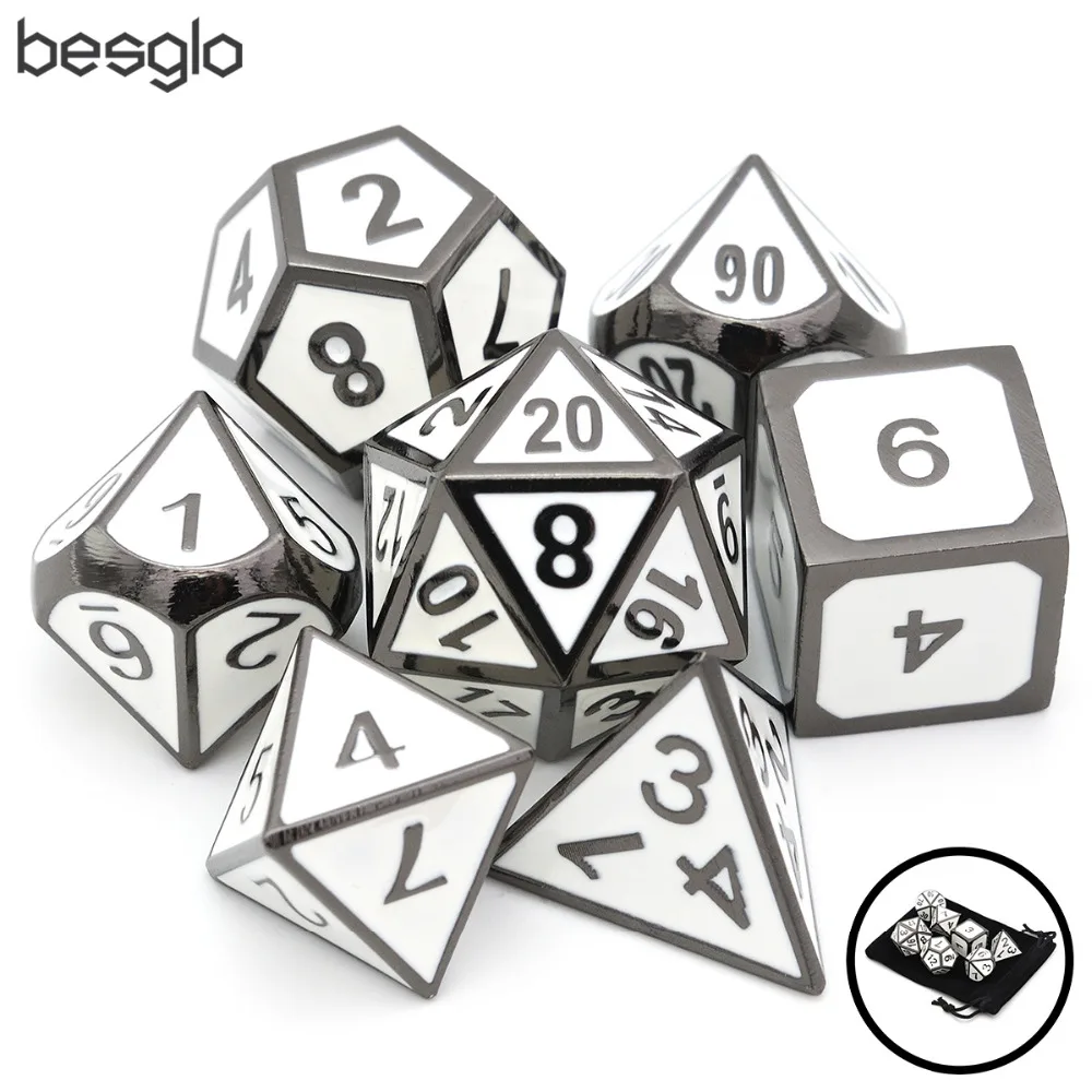 White Enamel Polyhedral Metal Dice with Velvet Pouch for MTG RPG DnD Board Games and Teaching Math