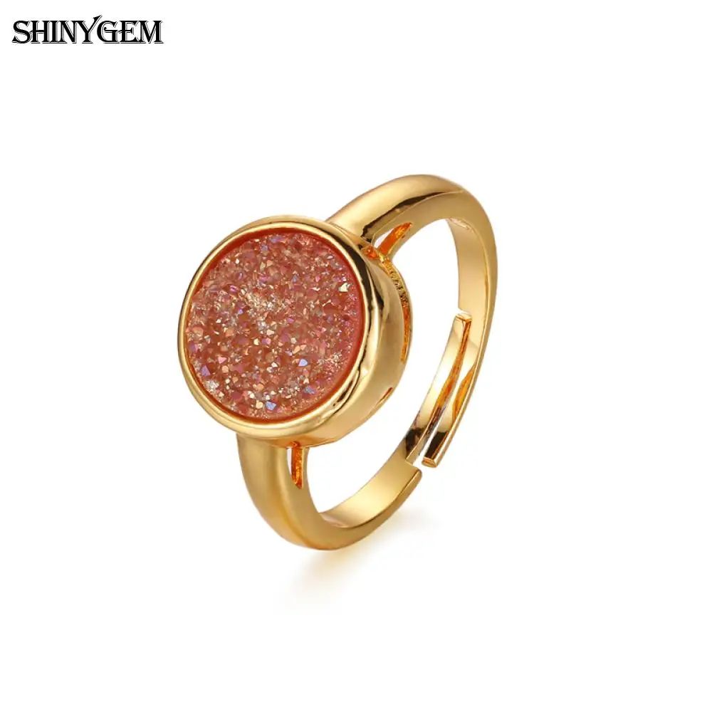 ShinyGem винтажные кольца с натуральным кристаллом Druzy круглые регулируемым золотым