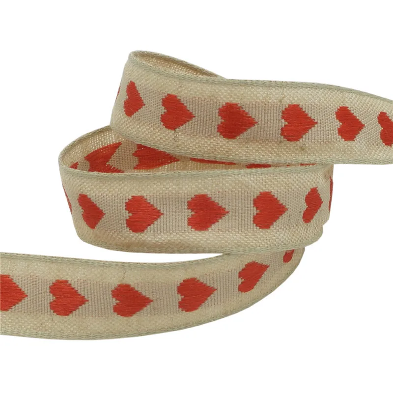 5Yards 15mm Heart Jute cotton Satin Ribbon Tape For Needlework Craft Decarotions Print Ribbons Handcraft DIY Bow