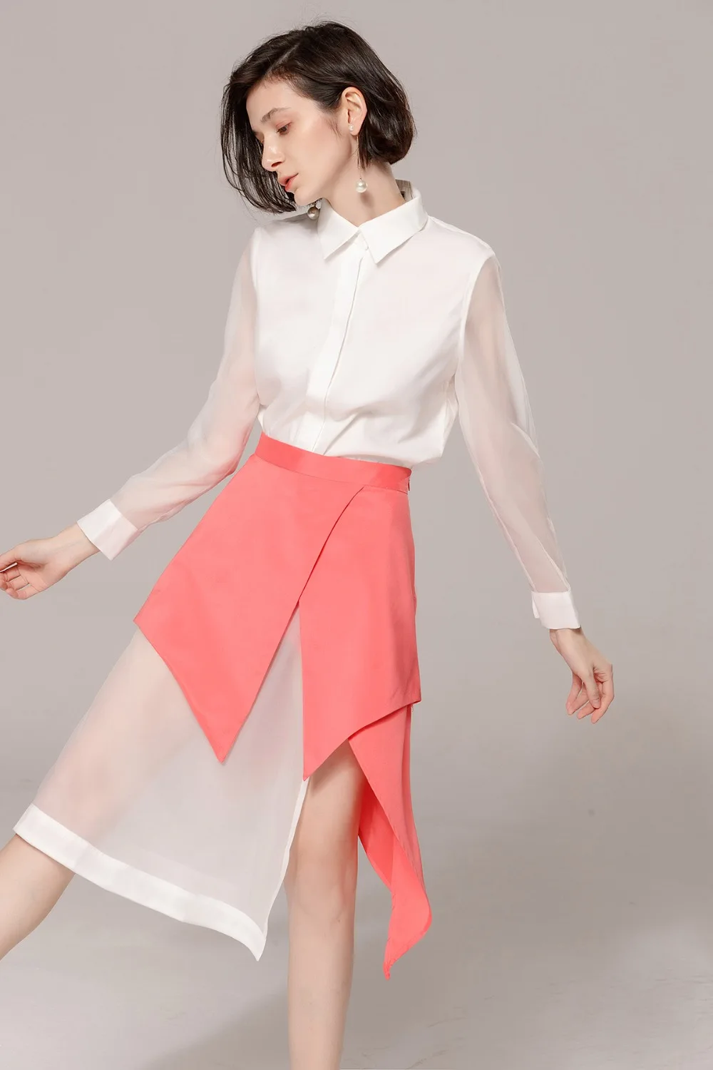 New Design Fashion Shirt Skirt Two Pieces Suit Sets Women Slim Organza +High Waist Contrast Color Irregular Hem C409 | Женская одежда