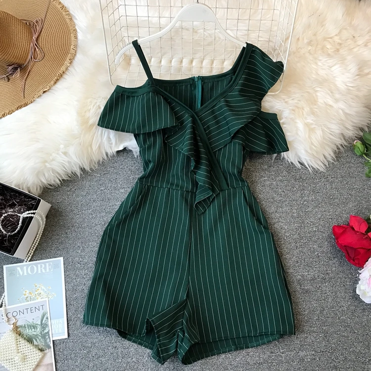 ALPHALMODA, летний женский короткий комбинезон с рюшами, неровный, с открытыми плечами, с высокой талией, женские стильные комбинезоны в полоску, Модный комбинезон
