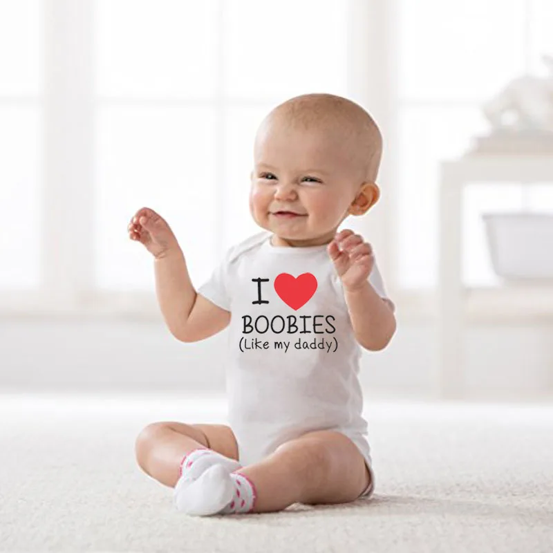 Детские ползунки с надписью I Love Boobies Повседневный детский цельнокроеный милый