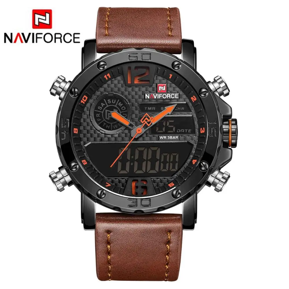 Бренд класса люкс NAVIFORCE, мужские повседневные спортивные часы, мужские кожаные кварцевые наручные часы, мужские военные светодиодный аналоговые цифровые часы с датой - Цвет: Black Orange