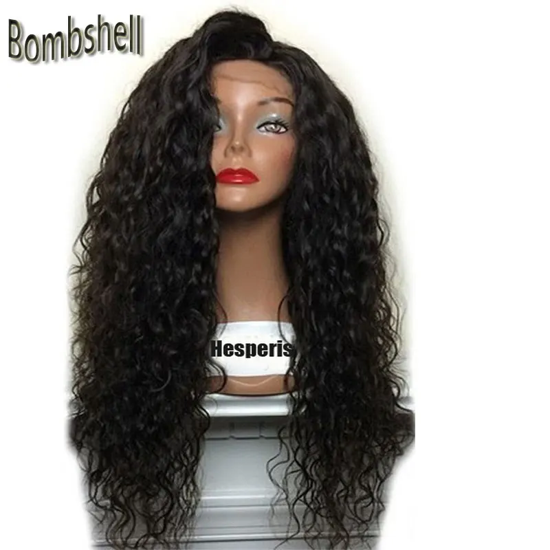 Bombshell, 180%, высокая плотность, Blakc, длинные, свободные, Кудрявые, волнистые, синтетические, 3 дюйма, кружевные передние парики, Термостойкое волокно для женщин