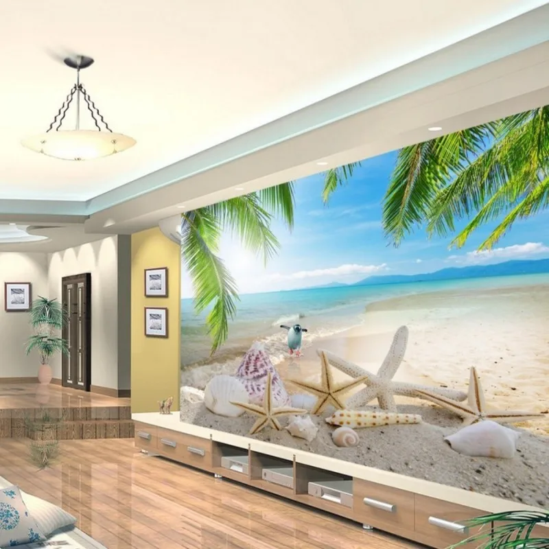 Dropship Fatman Photo Wall Mural Blue Wallpaper Beach Sea Coconut Trees Summer Landscape TV Background Tapety 3D | Обустройство дома