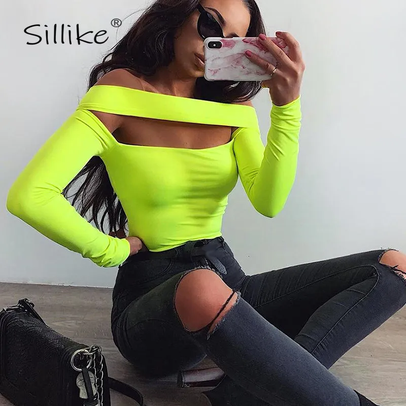 SILLIKE флуоресцентный полый сексуальный боди для женщин Slash шеи длинный рукав