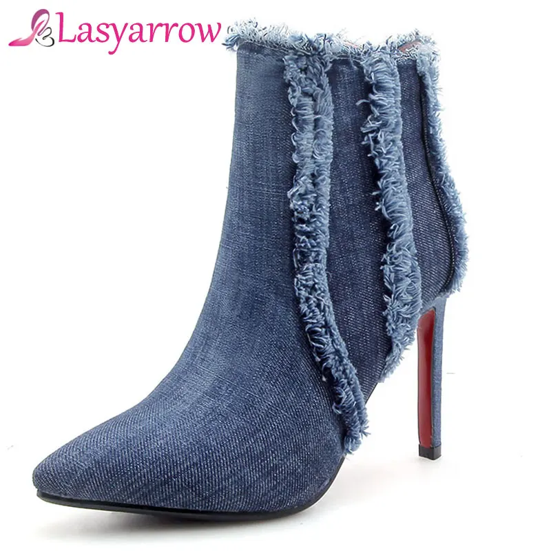 Lasyarrow 2018 Fashion Denim Ankle Boots Blue Lady's Tassel Pointed Toe Stilettos High Heels Autumn Winter Fringe Shoes Women | Обувь