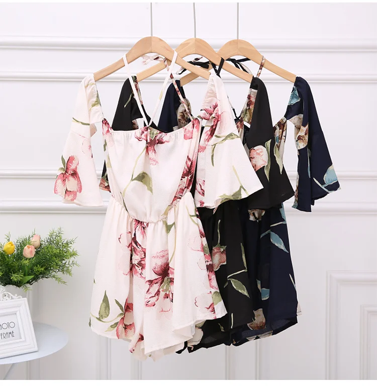 Цветочный принт расклешенный рукав комбинезон на бретельках новый сексуальный