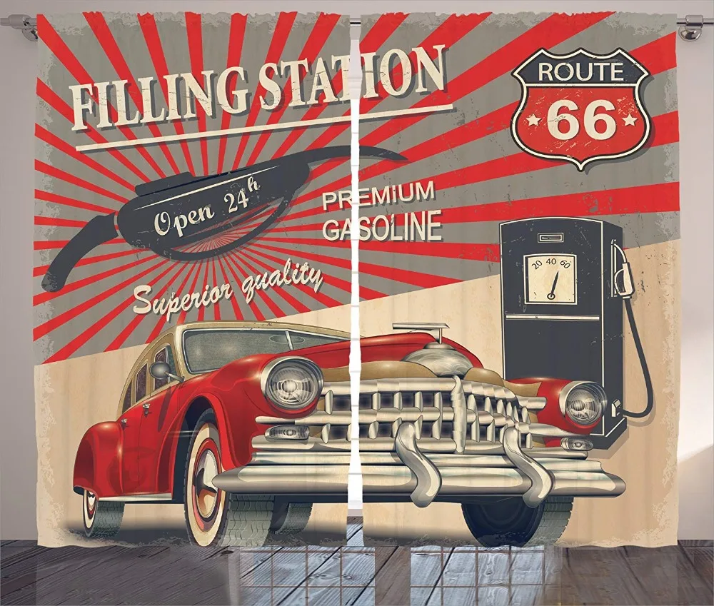 Cars Route 66 ретро постер шторы бензиновая станция коммерческий Kitschy элемент Route 66 принт Декор окна гостиной спальни
