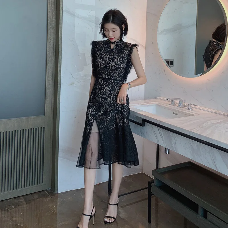 

Elegant Party Bandage Bodycon Mermaid Dress Summer Office Lady Dresses Patchwork Ruffles Chiffon Eyelash Lace Women Sundress
