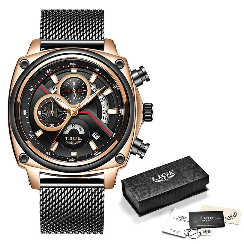 Rose gold black Relogio LIGE мужские часы Топ бренд класса люкс военные спортивные часы мужские водонепроницаемые часы кварцевые наручные часы Relogio Masculino - Цвет: Rose gold black