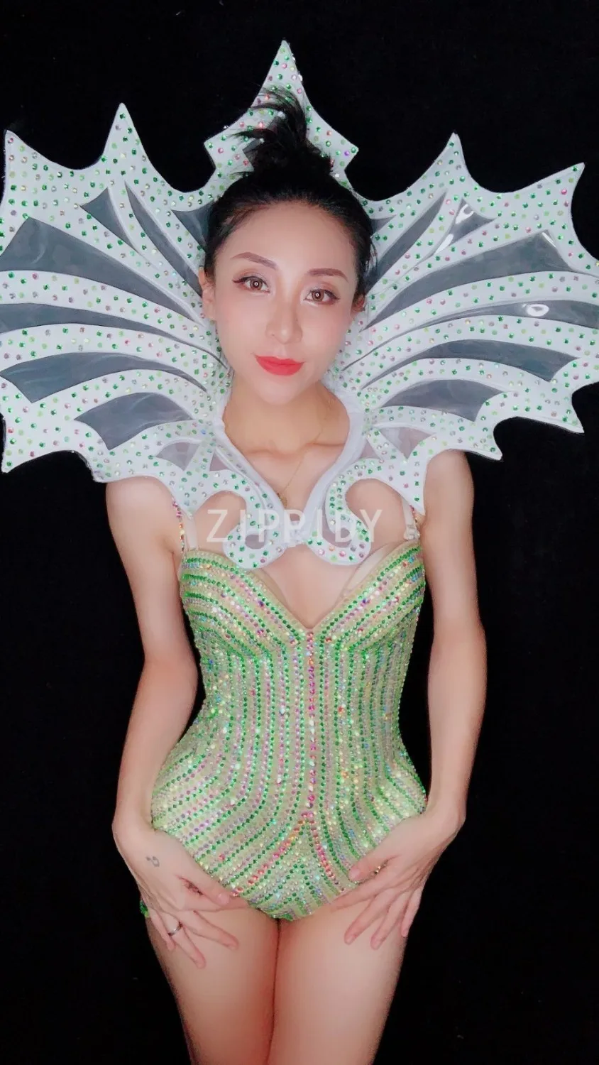Fashion  Flashing Rhinestones See Through Mesh Sexy Bodysuit Birthday Celebrate Nightclub Dance Wear Female Singer Outfit