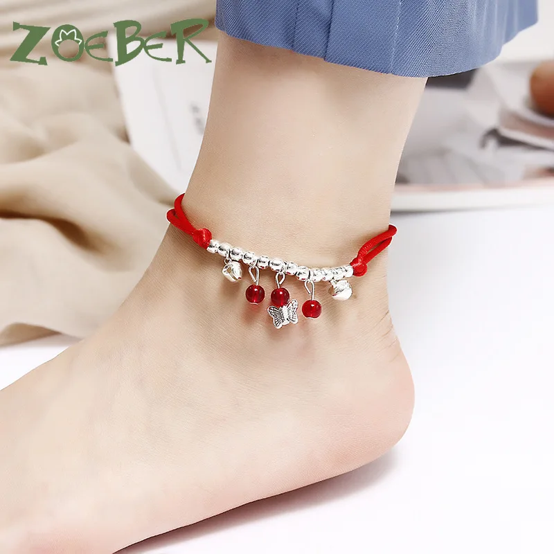 Зеленый колокольчик красный веревочный браслет на ногу Handmad с бабочкой и